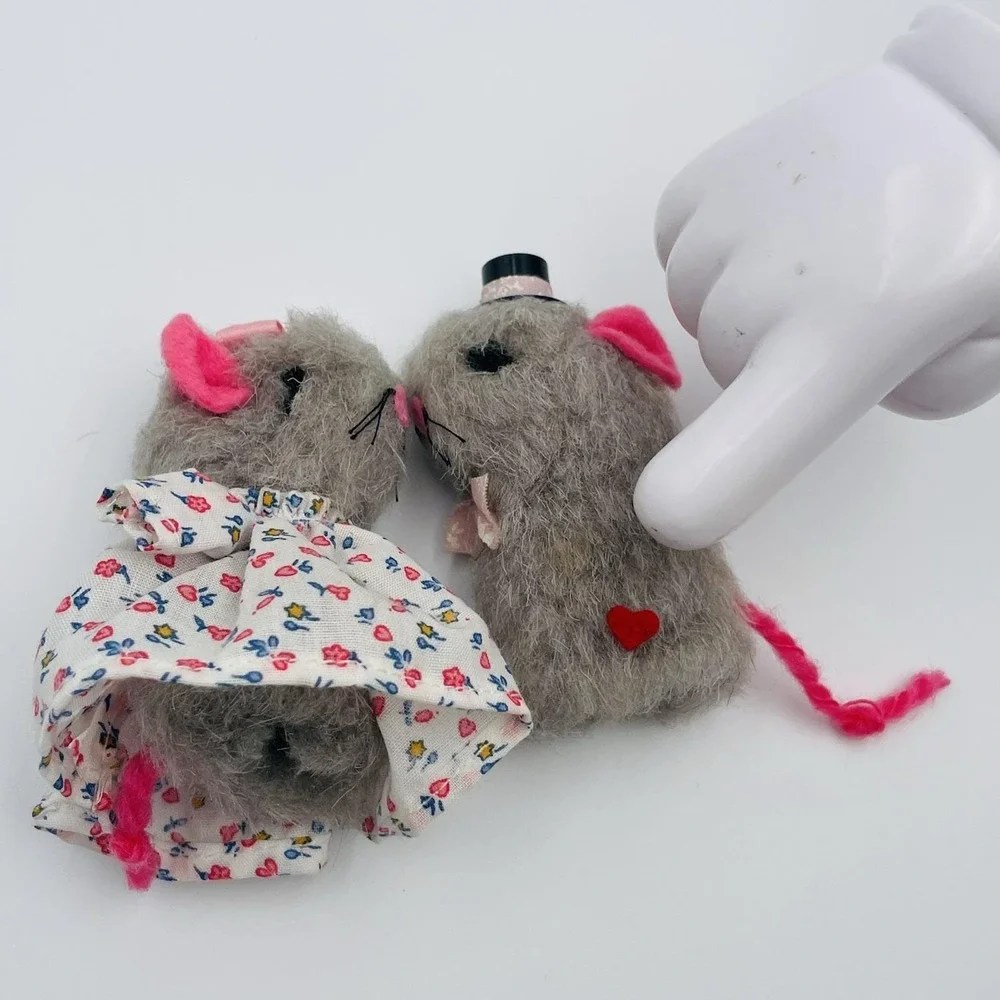 Vintage Handmade Fuzzy Grey Mouse Couple Plush Figurines Wedding Set 3.5‎ Inch